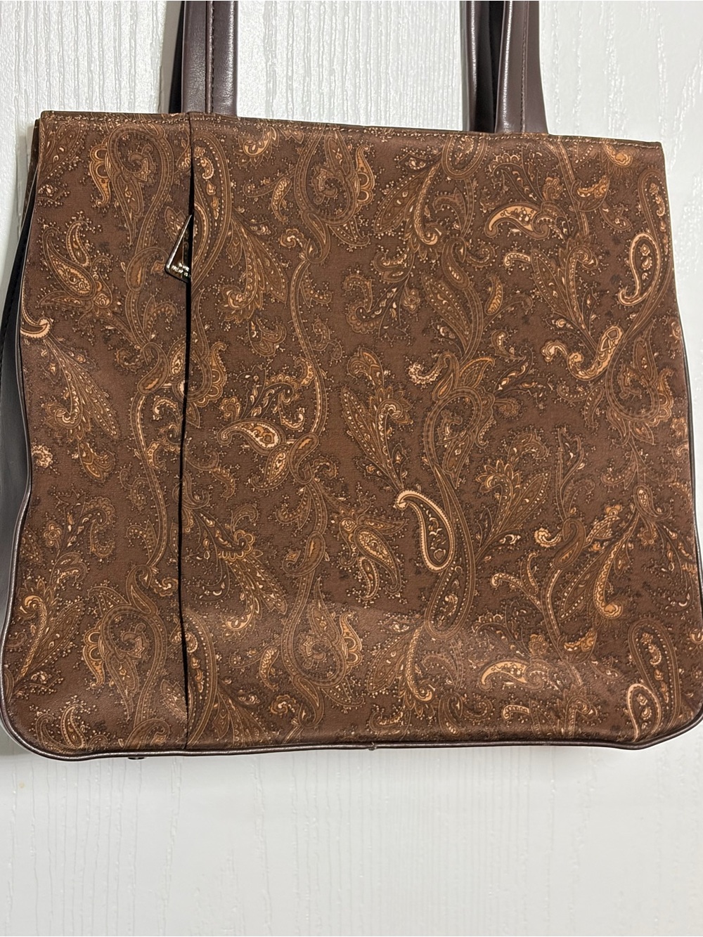 New York & Company Brown Paisley Messenger Tote with Dark Leather Straps